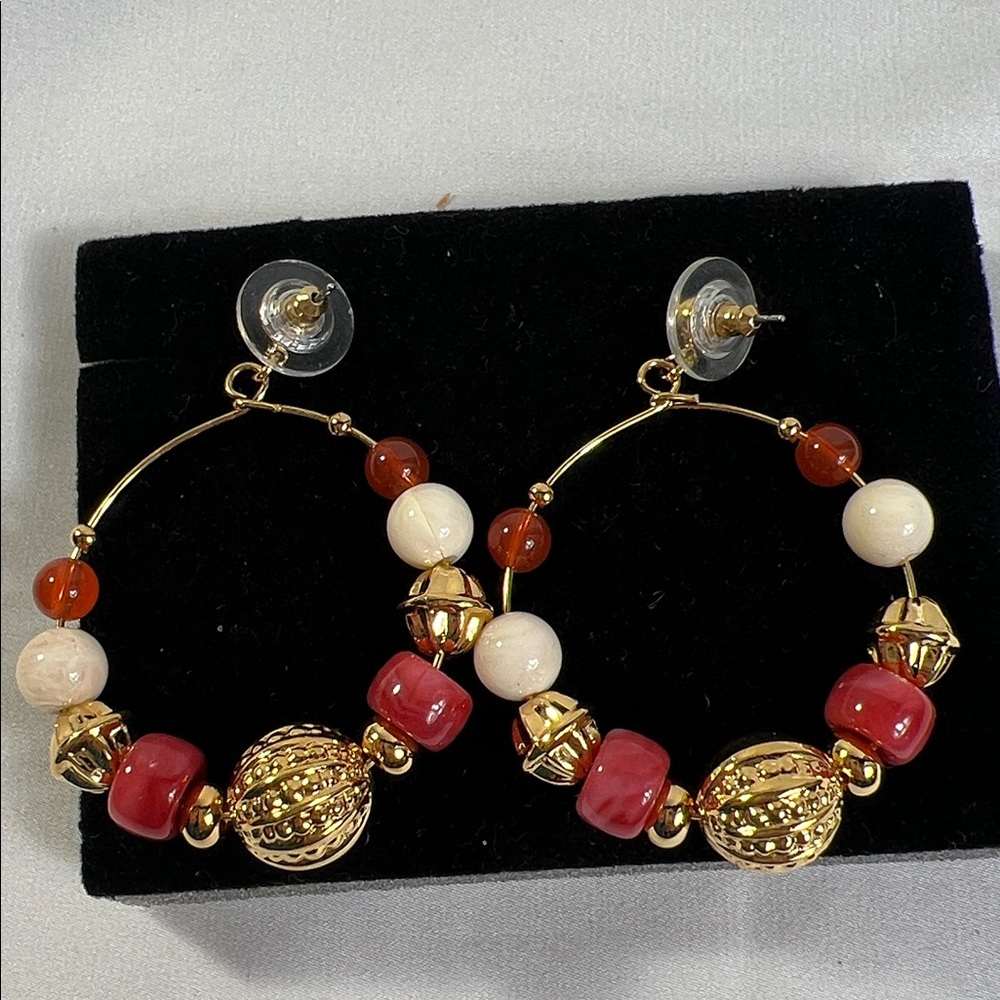 Chic Gold and Red Beaded Hoop Earrings Bohemian Bold globally-inspired aesthetic - Picture 3 of 3